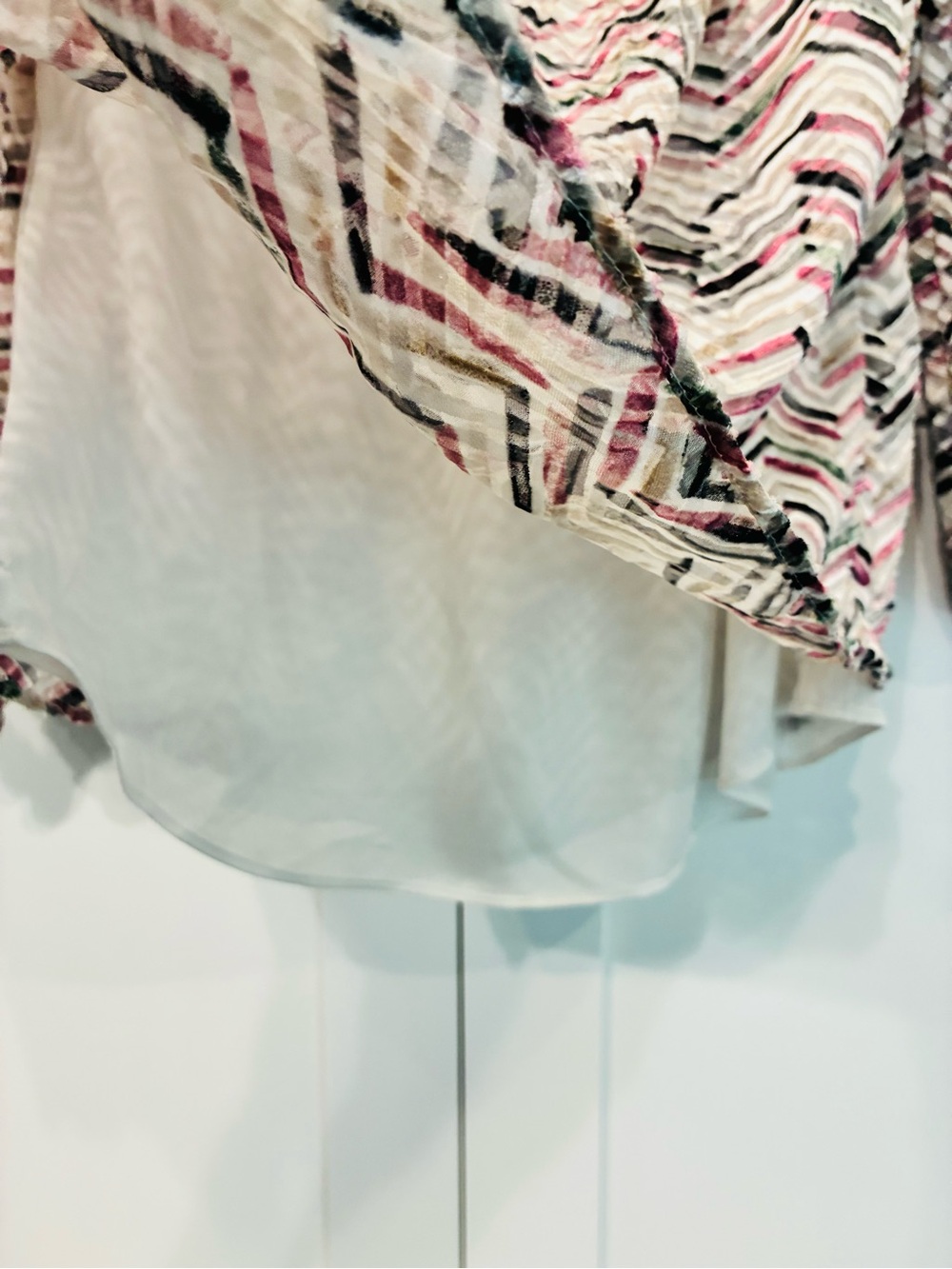 White House Black Market Smocked Off-Shoulder Velvet Top in Pink, Black & White - Picture 4 of 8
